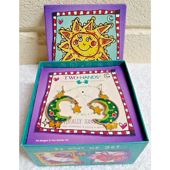 Jewelry - Vintage Signed Two Hands Moon & Stars Dangling Earrings Support Dev Delayed